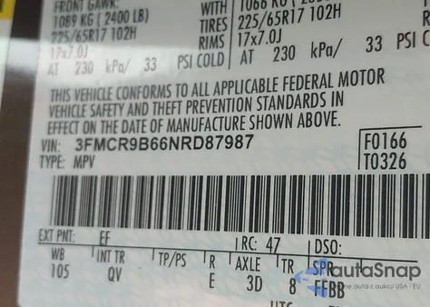 2022 Ford Bronco Sport Big Bend z USA, uszkodzony, nr VIN 3FMCR9B66NRD87987